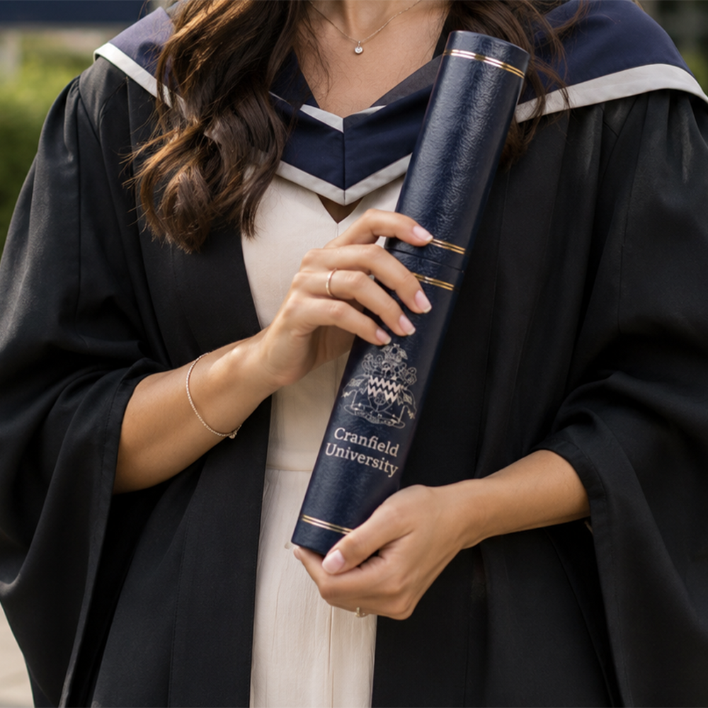 Graduate holding a cranfield university scroll holder 