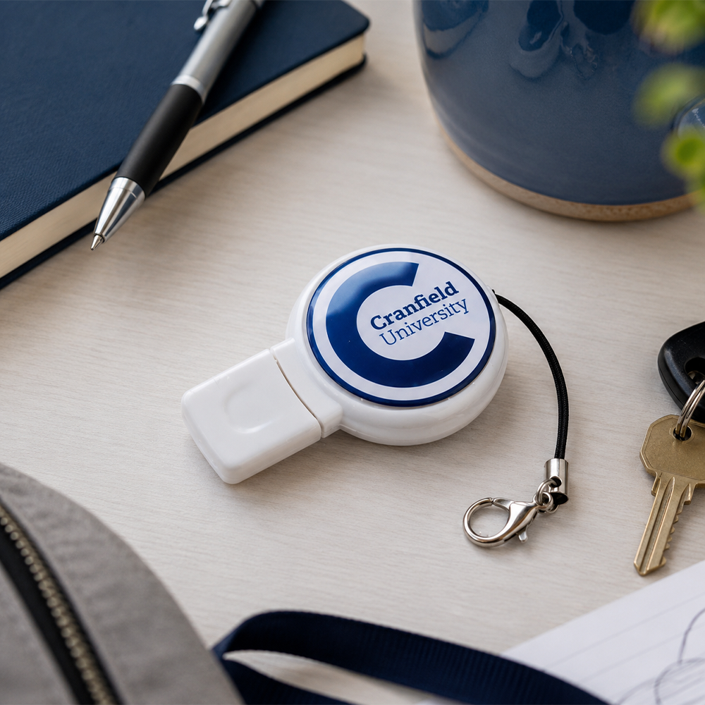 Cranfield University domed USB on an office table with a pen