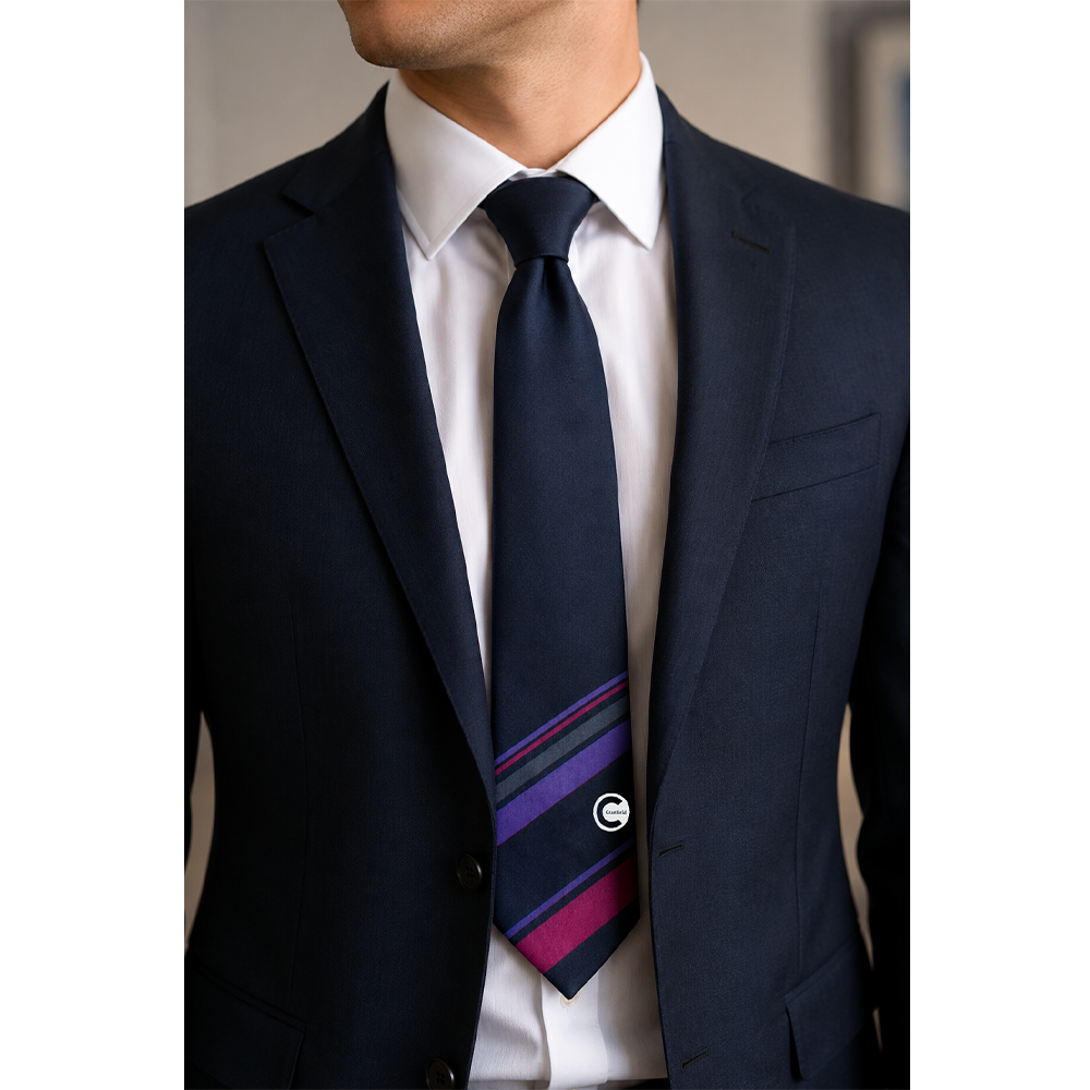 Cranfield University tie worn with a navy suit