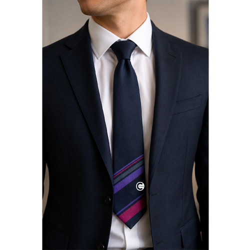 Cranfield University tie worn with a navy suit