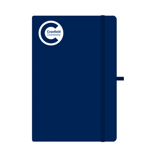 Blue notebook with Cranfield University logo in white on the top left