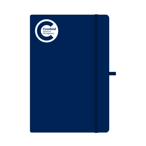 Blue notebook with Cranfield University school of management logo top left