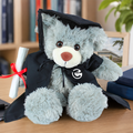 Graduation-themed teddy bear with a cap, gown, and diploma on a wooden surface.